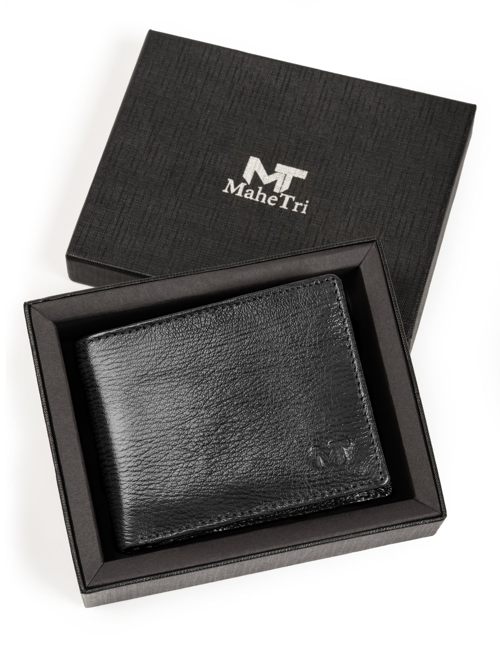Black leather wallet in open gift box, embossed logo on front face
