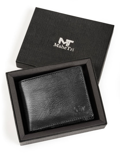 Black leather wallet in open gift box, embossed logo on front face