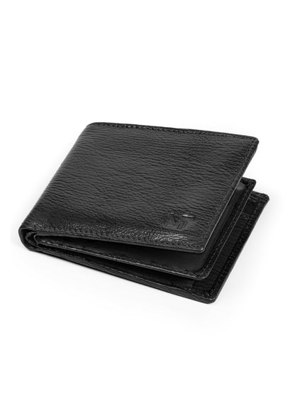 Black leather wallet set flat, slim bi-fold with embossed logo on front