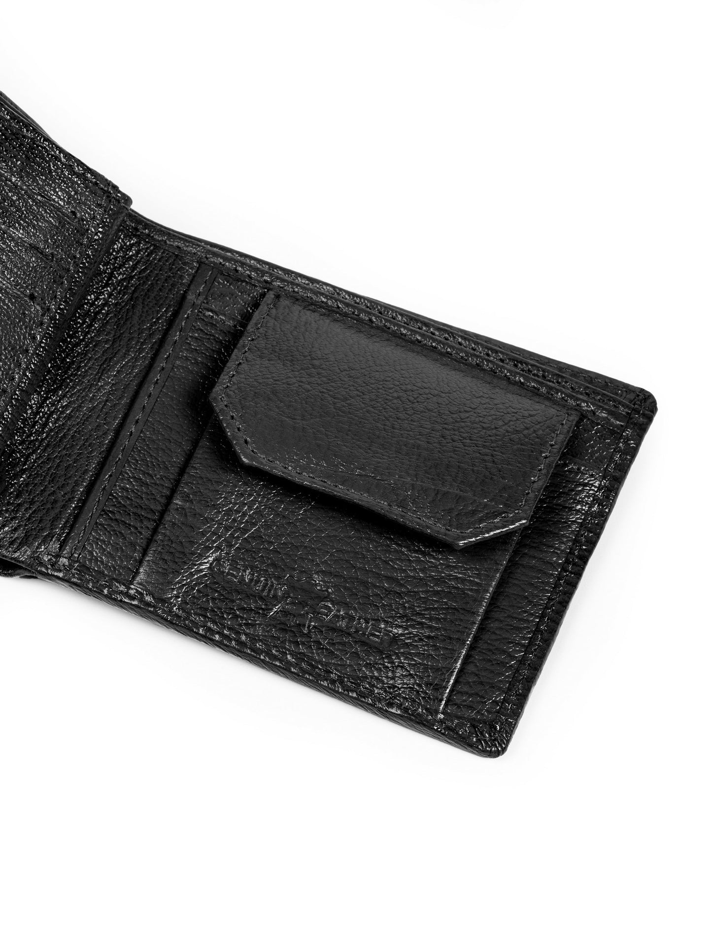 Black leather bi-fold wallet interior with card slot and stitched gusset