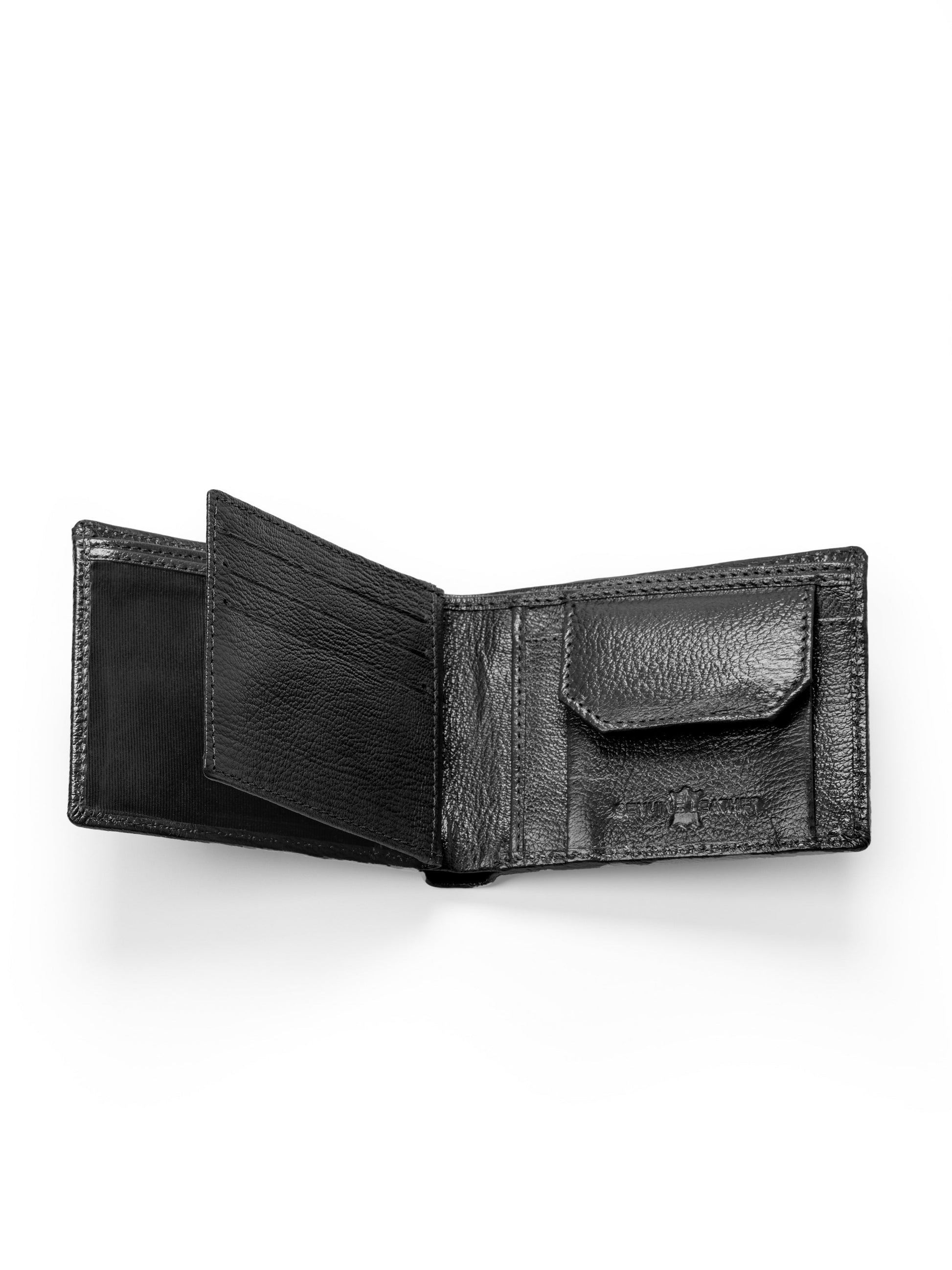 Black leather bi-fold wallet open, card slots and small inner pocket