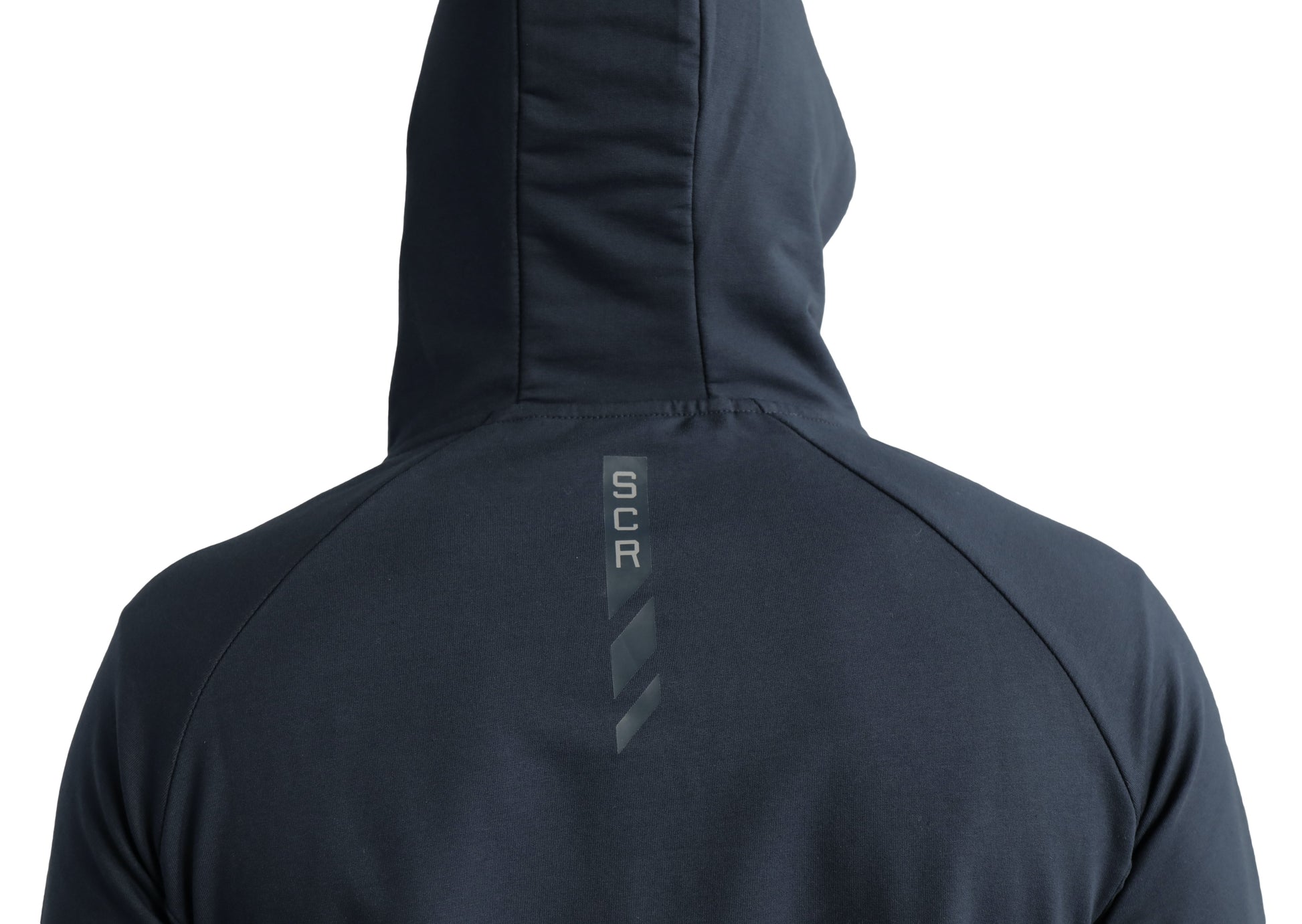 Black hooded sweatshirt back neckline with small vertical logo near the hood