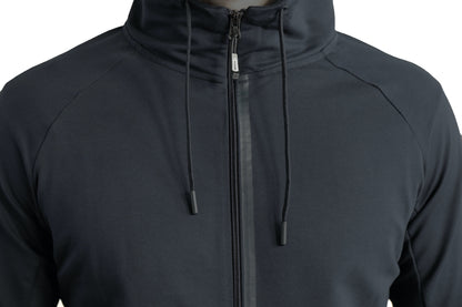 Black slim-fit hooded sweatshirt with center zip and drawstring hood
