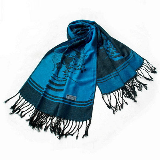 Blancho Bedding -Pa-615-1 Blue BaseFlower Patterns Elegant super Soft Woven Tassel Ends Pashmina/Shawl/Scarve - Renee Lane Company