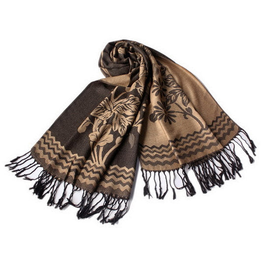 Blancho Bedding -Pa-616-5 Khaki Base Peony Flowers Patterns Exquisitely Soft Woven Pashmina/Shawl/Scarf - Renee Lane Company