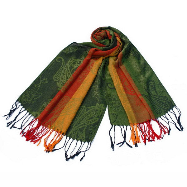 Paisley pashmina shawl in dark green with red, orange, and yellow stripes and tassels