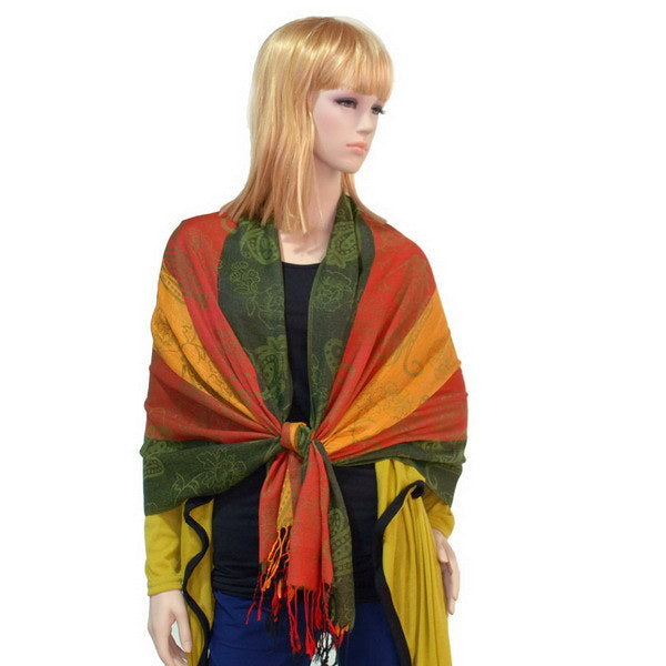 Paisley scarf with multicolor wrap knot on model: red, orange, green, and yellow