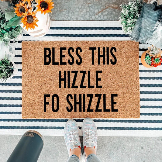 "Bless This Hizzle Fo Shizzle" Heavy-Duty Coconut Coir Doormat - Non-Slip Premium Outdoor Mat for Entryway with Humorous Housewarming Gift Design, 23.6x15.7 Inch (60x40cm) Durable Front Porch Decor - Renee Lane Company