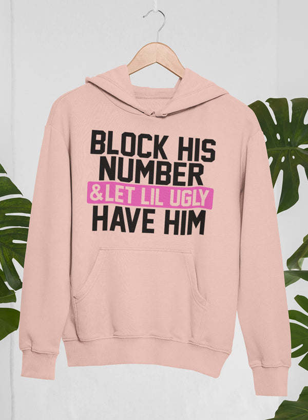 Dusty pink hoodie with bold front graphic text and kangaroo pocket, pullover style.