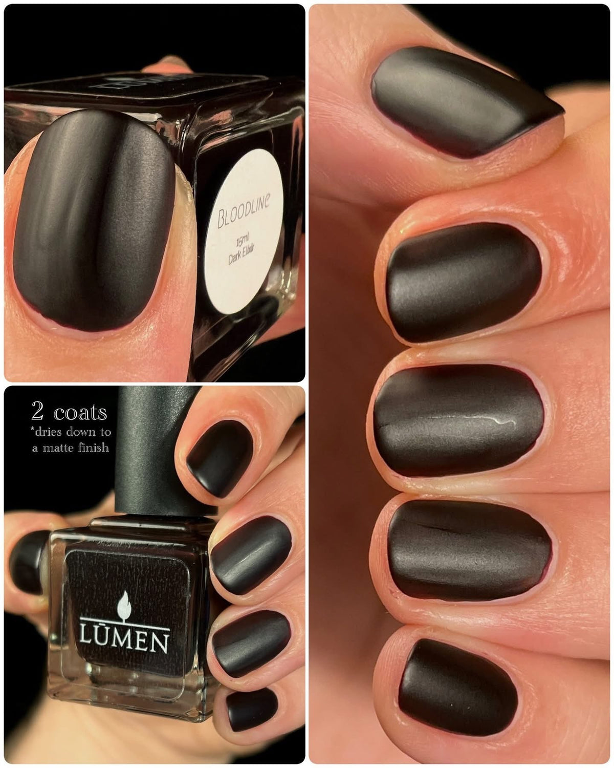 Nail polish bottle and matte dark nail polish on fingers, oval nails shown