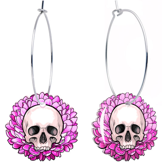 Blooming Pink Flower Skull Hoop Earrings by Onyx O - Renee Lane Company