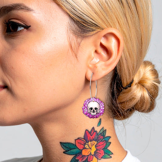 Blooming Pink Flower Skull Hoop Earrings by Onyx O - Renee Lane Company