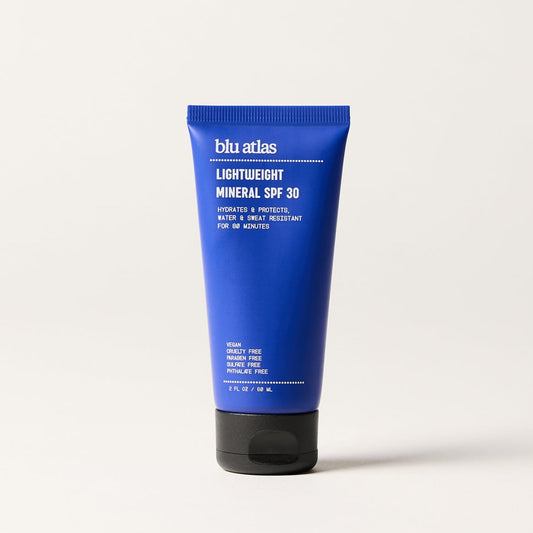 Lightweight mineral SPF 30 sunscreen tube, blue with black cap