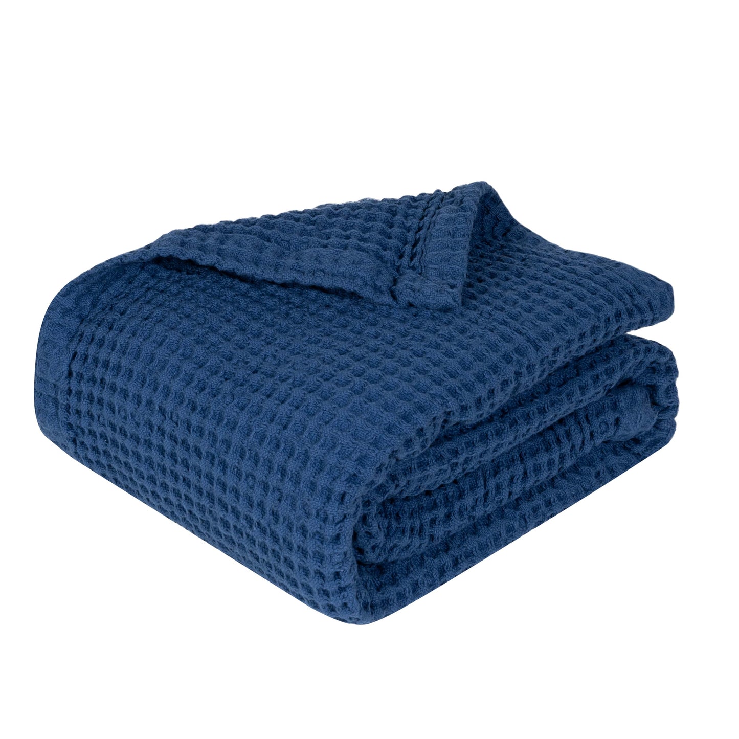 Waffle baby blanket in deep blue, folded stack with raised waffle texture