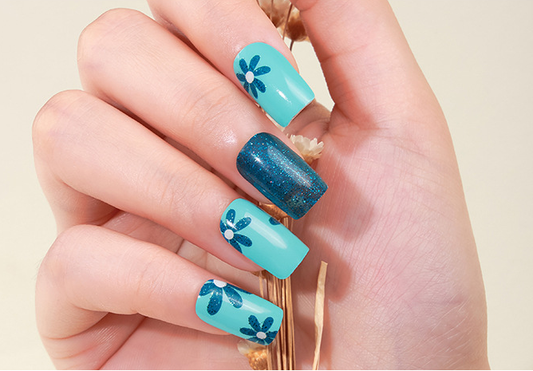 Blue Floral Gel Nails - Renee Lane Company