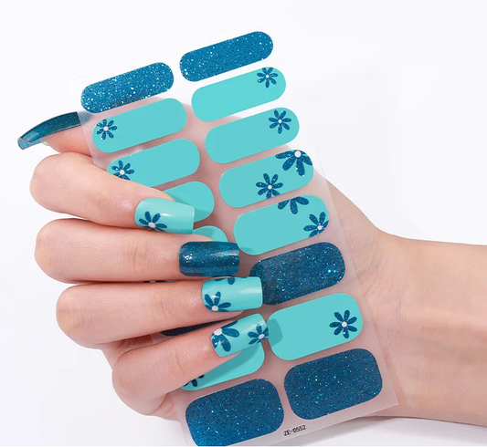 Blue Floral Gel Nails - Renee Lane Company
