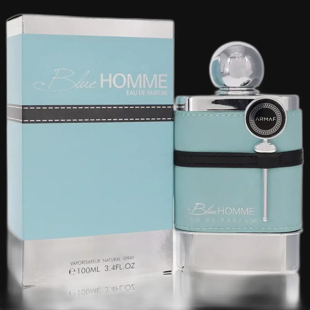 Men's eau de parfum bottle with turquoise glass, chrome cap, and box set