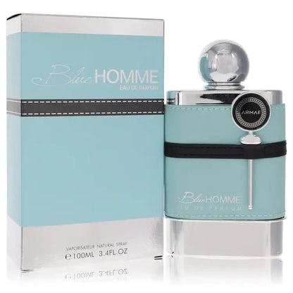 Men's eau de parfum spray bottle with turquoise label and chrome cap, boxed