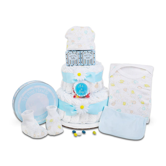 Blue Two-Tier Diaper Cake Gift - Renee Lane Company