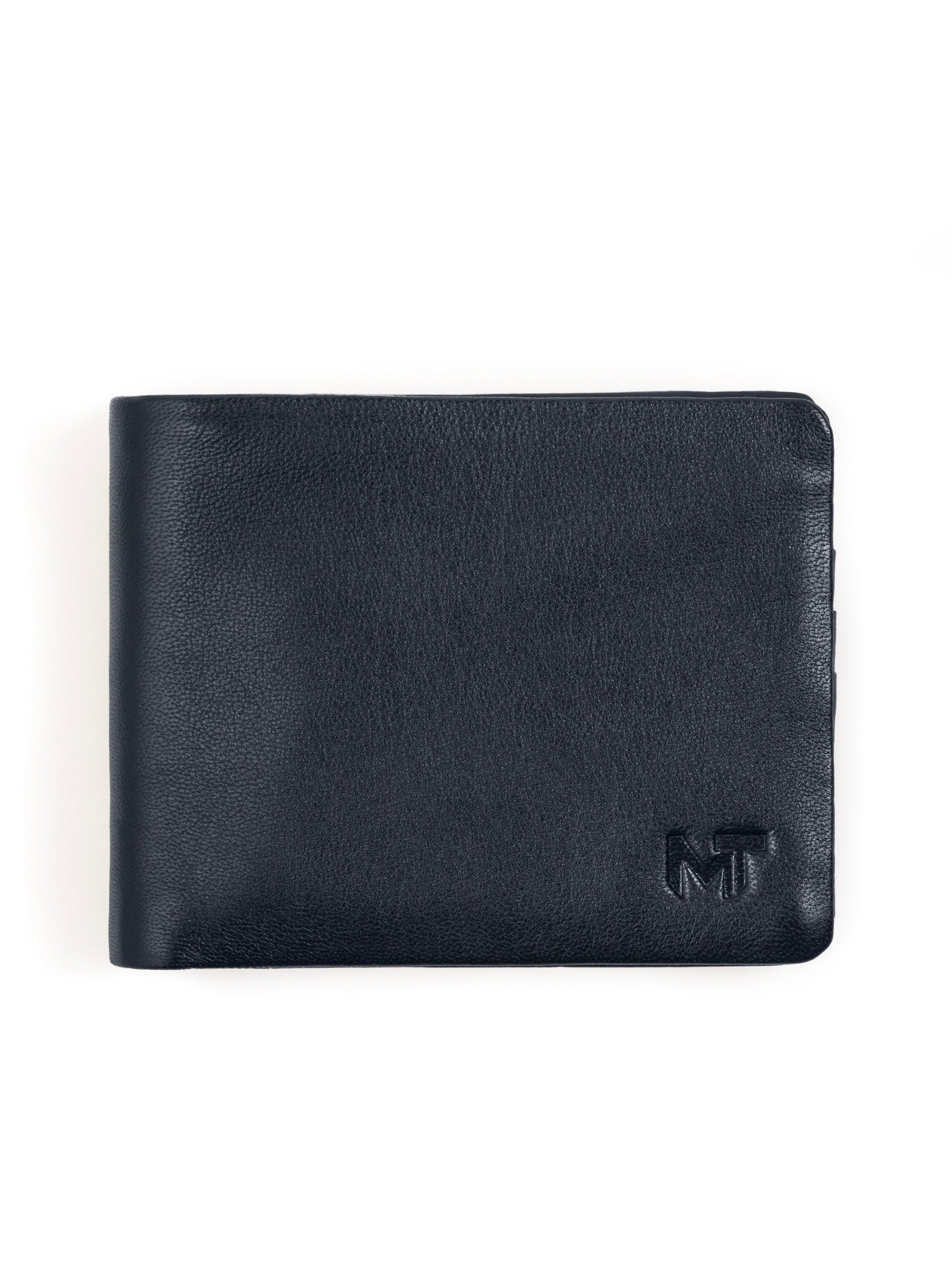 Dark blue bifold wallet with front monogram logo and smooth texture