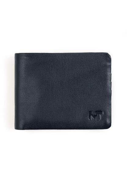 Dark blue bifold wallet with front monogram logo and smooth texture