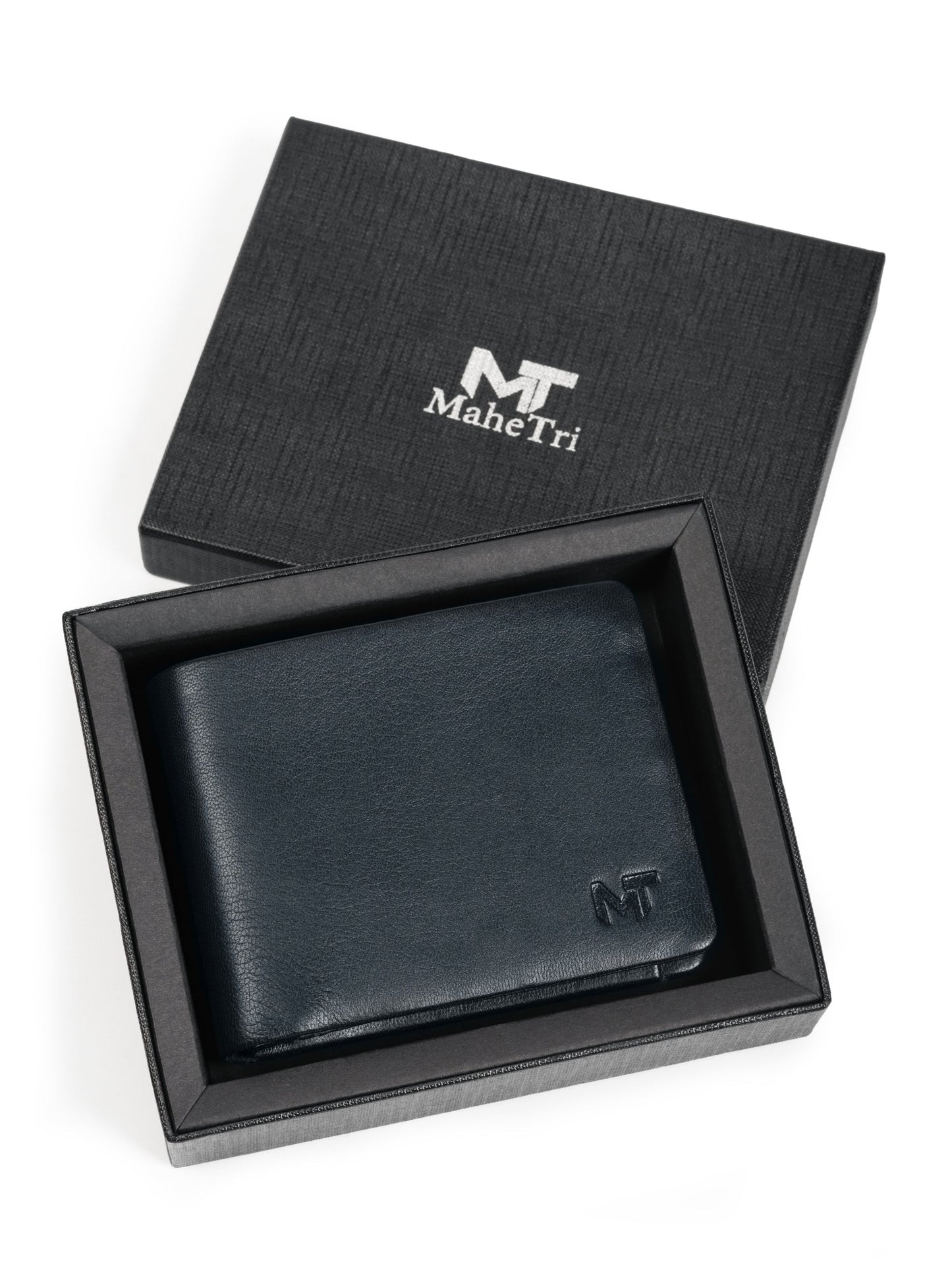 Dark blue MaheTri bifold wallet in gift box with embossed MT logo