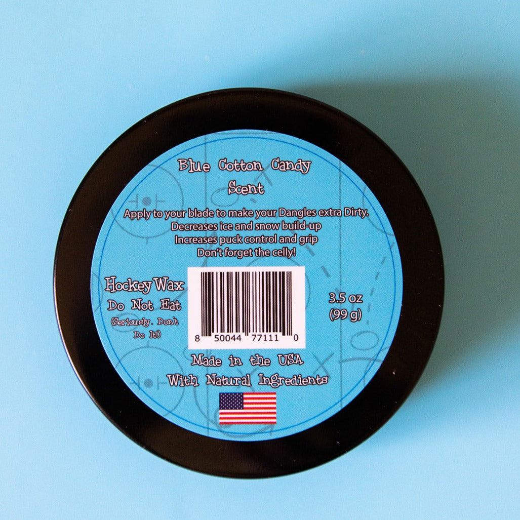 Hockey wax tin back label with barcode and blue cotton candy details