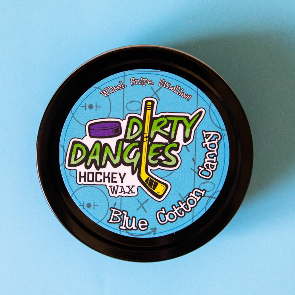 Dirty Dangles hockey wax tin with blue label and colorful logo