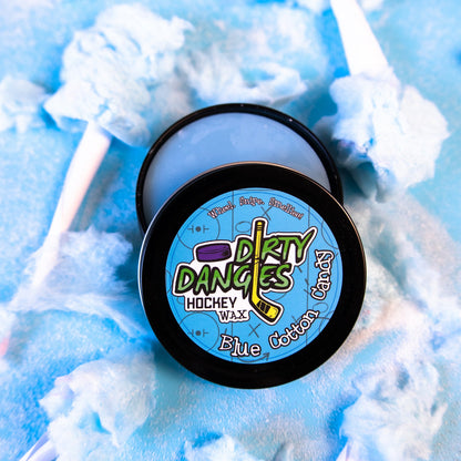 Hockey stick wax tin with round black lid and blue Dirty Danges label.