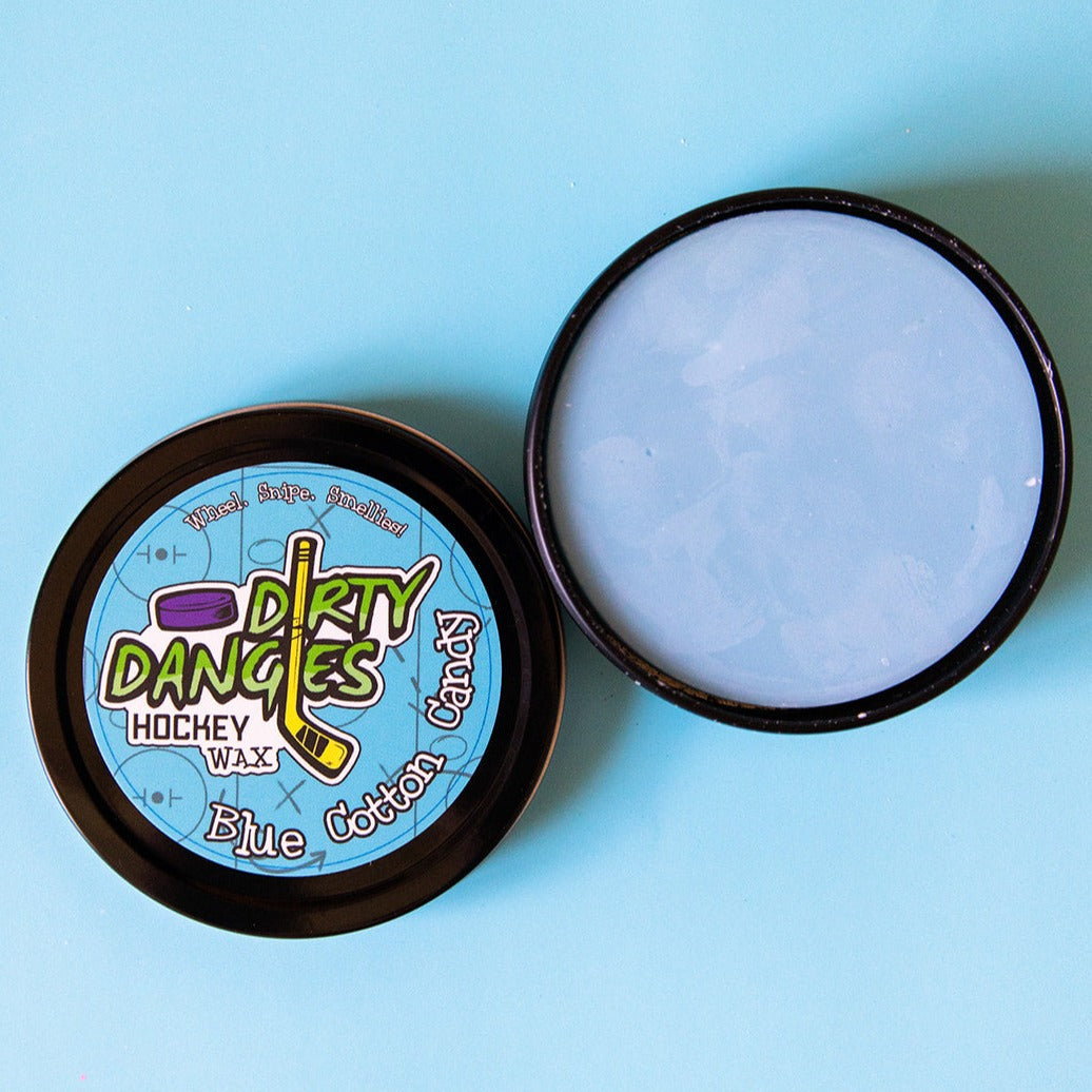 Two Dirty Dangles hockey wax tins with blue labels and black rims
