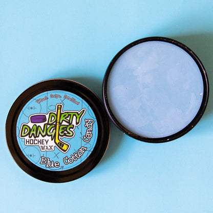 Two Dirty Dangles hockey wax tins with blue labels and black rims