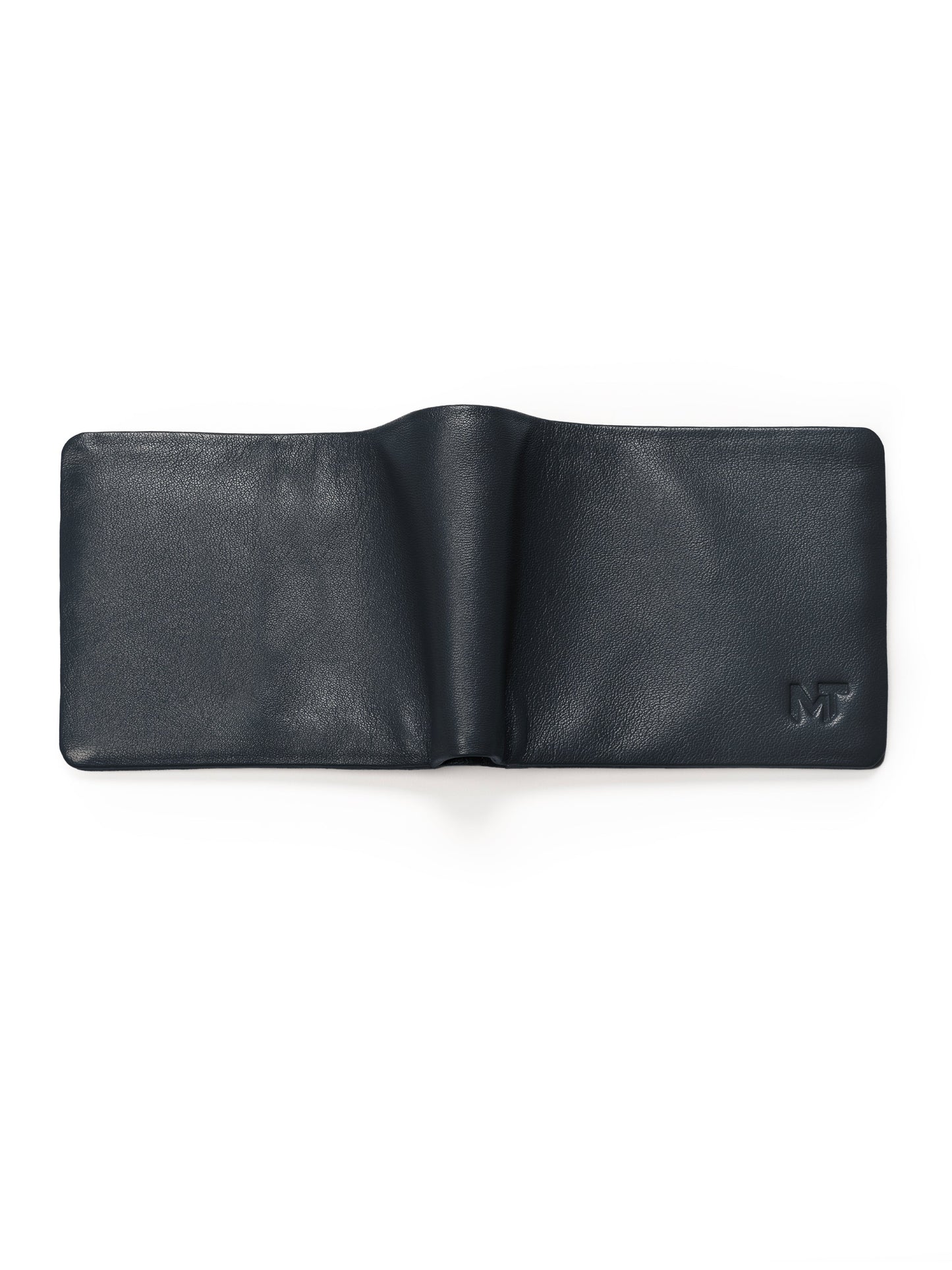 Dark blue leather bifold wallet opened flat, showing interior panels