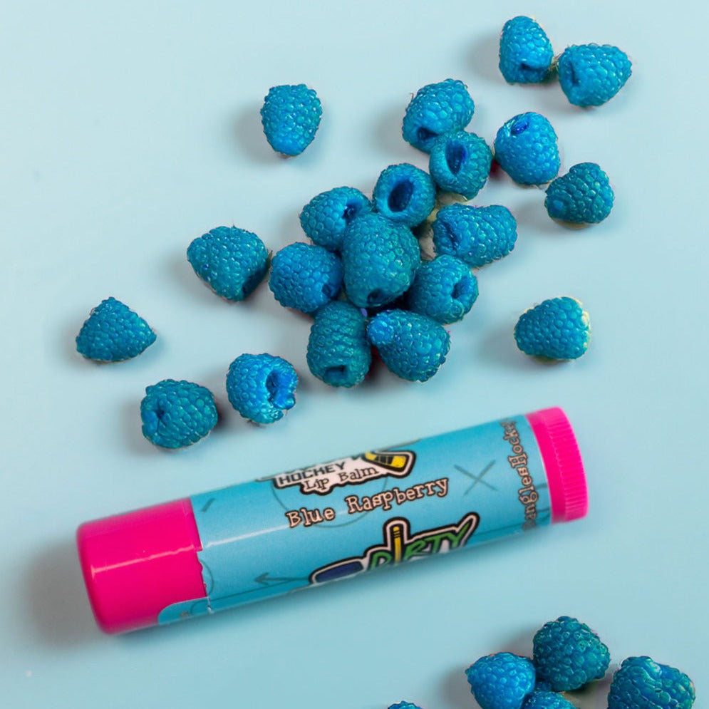 Blue raspberry lip balm tube with pink cap and blue body
