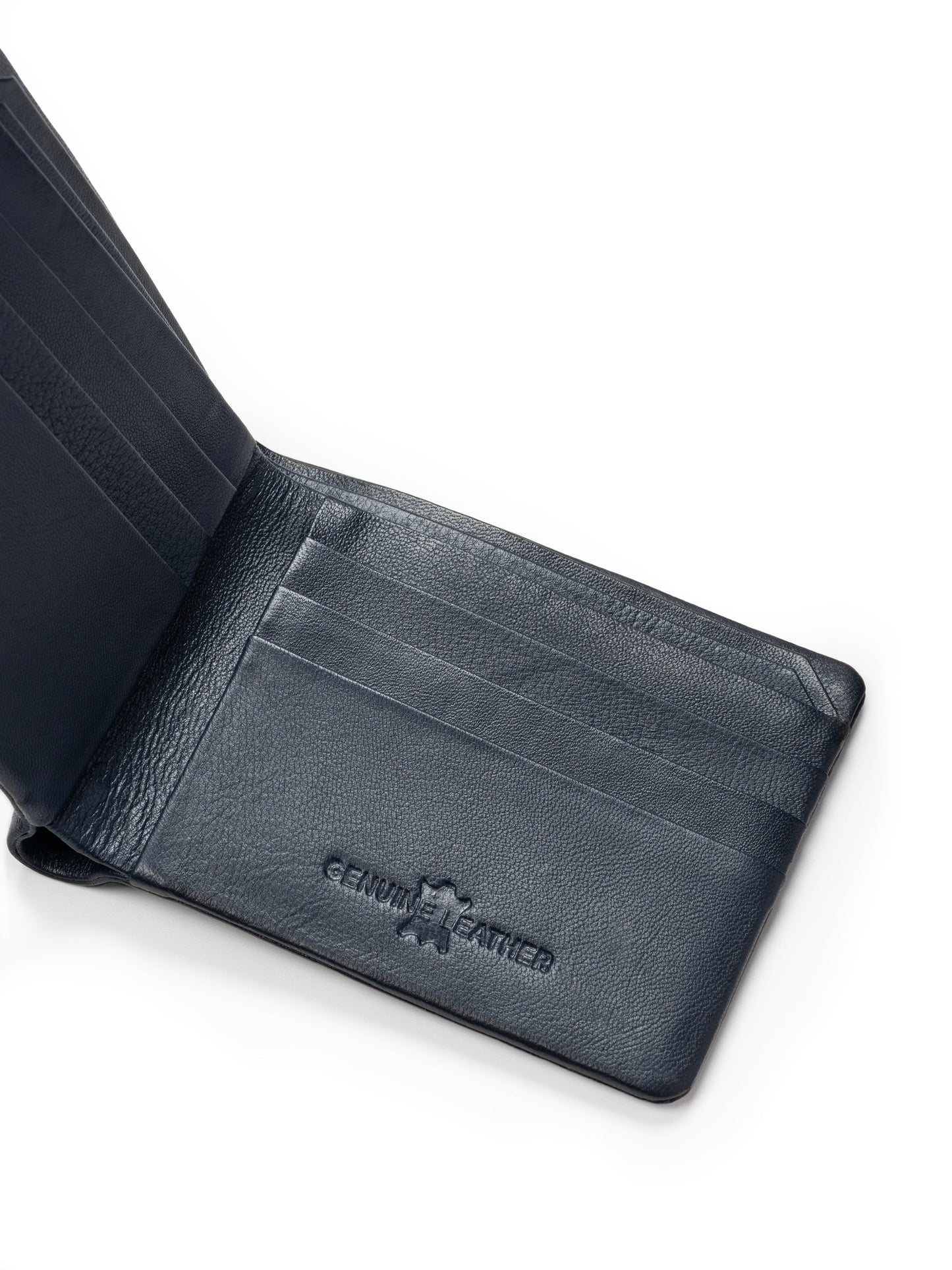 Dark blue bifold wallet interior view with card slots and logo emboss