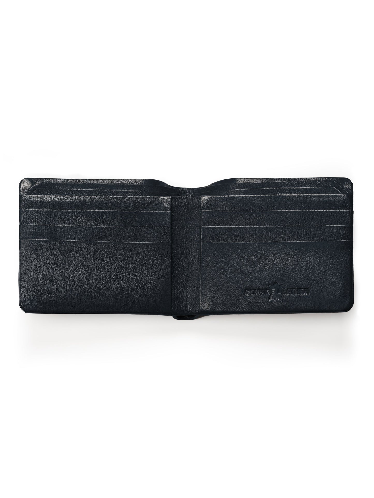 Dark blue leather bifold wallet open, with card slots and center divider