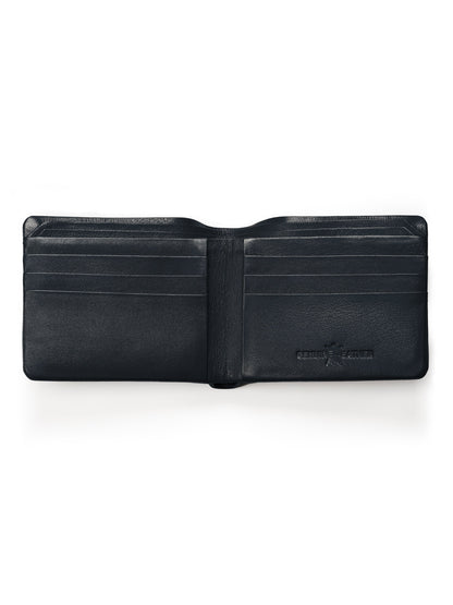 Dark blue leather bifold wallet open, with card slots and center divider