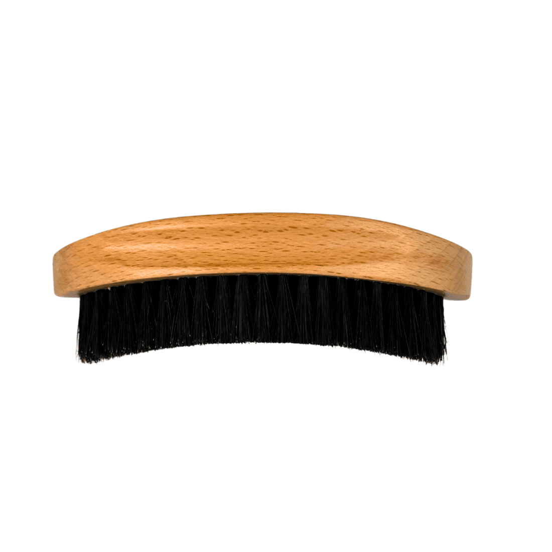 Wood-handled boar bristle hair brush with curved pad and dark bristles