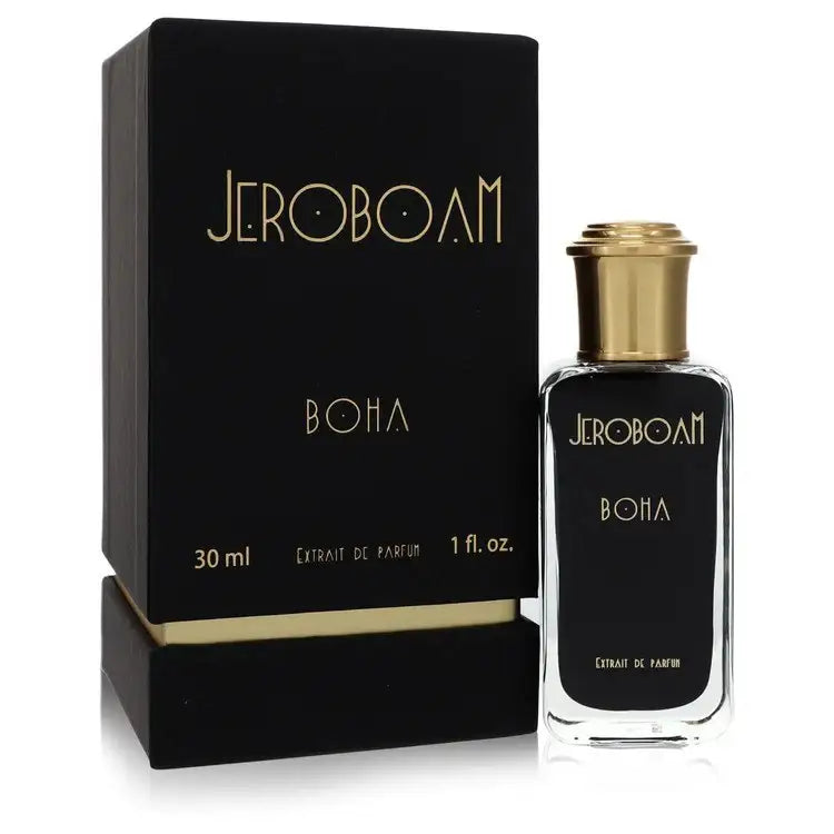 Women’s perfume bottle with gold cap, 1 fl oz, shown with dark Jeroboam Boha box