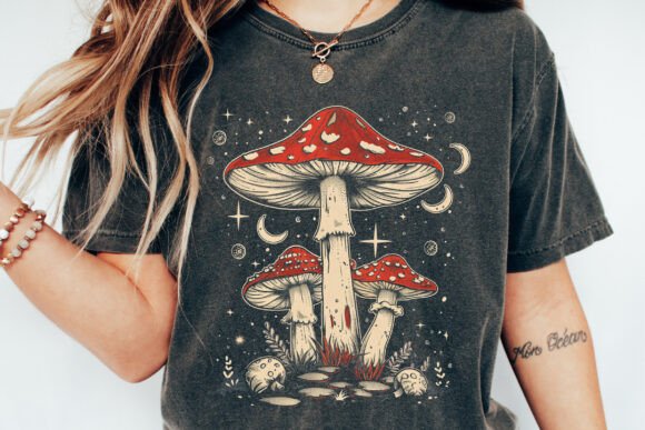 Unisex graphic t-shirt close-up in dark charcoal with red mushroom artwork