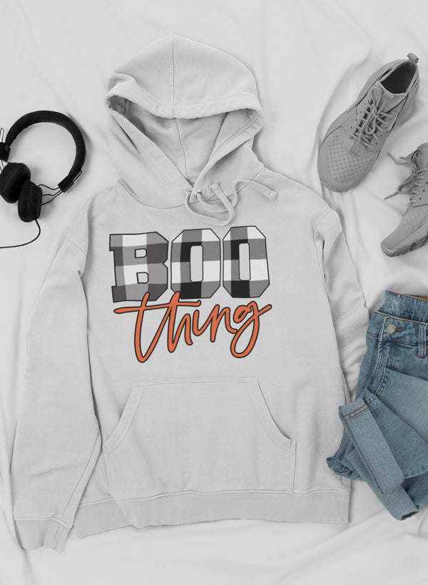 White pullover hoodie with Boo Thing graphic and kangaroo pocket