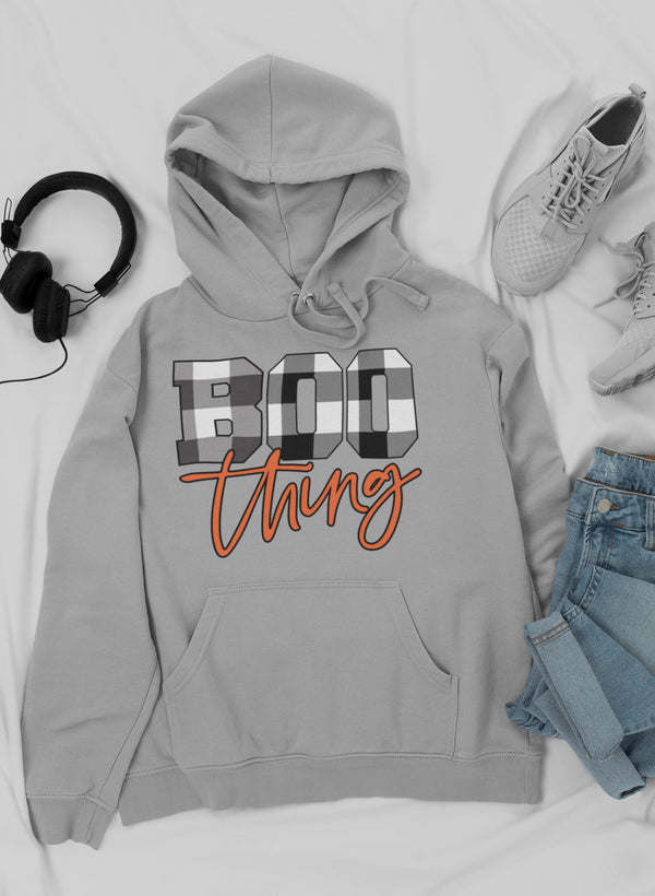 Light gray hoodie with hood, drawstring, kangaroo pocket, BOO script front graphic