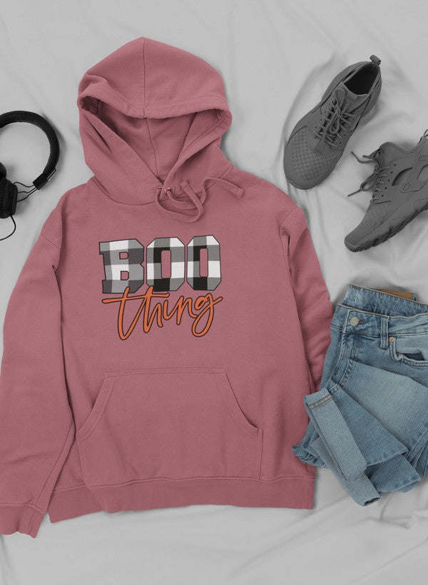Mauve hoodie with hood, drawstring, kangaroo pocket, BOO script front graphic