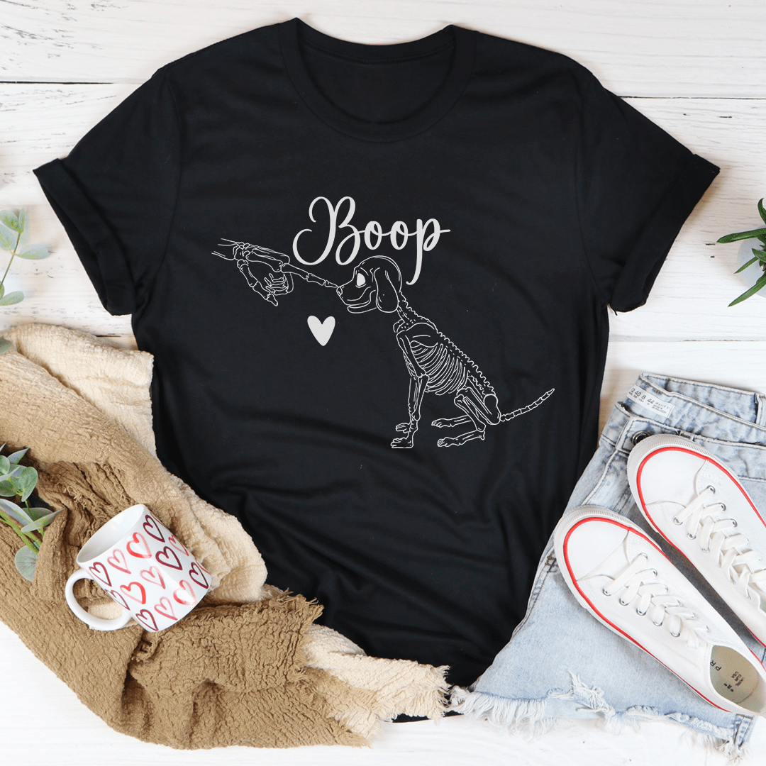 Black crewneck T-shirt with “Booop” dog skeleton graphic and heart