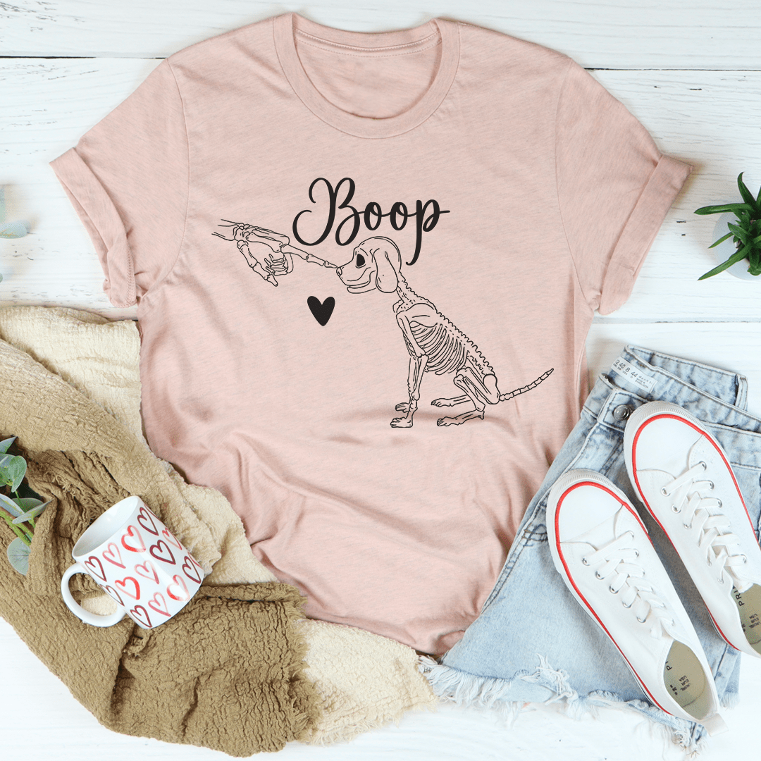 Mauve crewneck T-shirt with “Booop” dog skeleton graphic and heart
