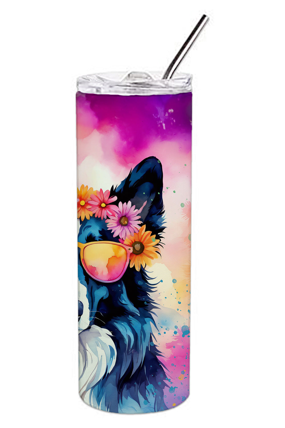 Border Collie Hippie Dawg Stainless Steel Skinny Tumbler Vacuum Double Walled Reusable Insulated Tumbler Travel Cup for Coffee Cocktails Gift with Lid, 20 oz - Renee Lane Company