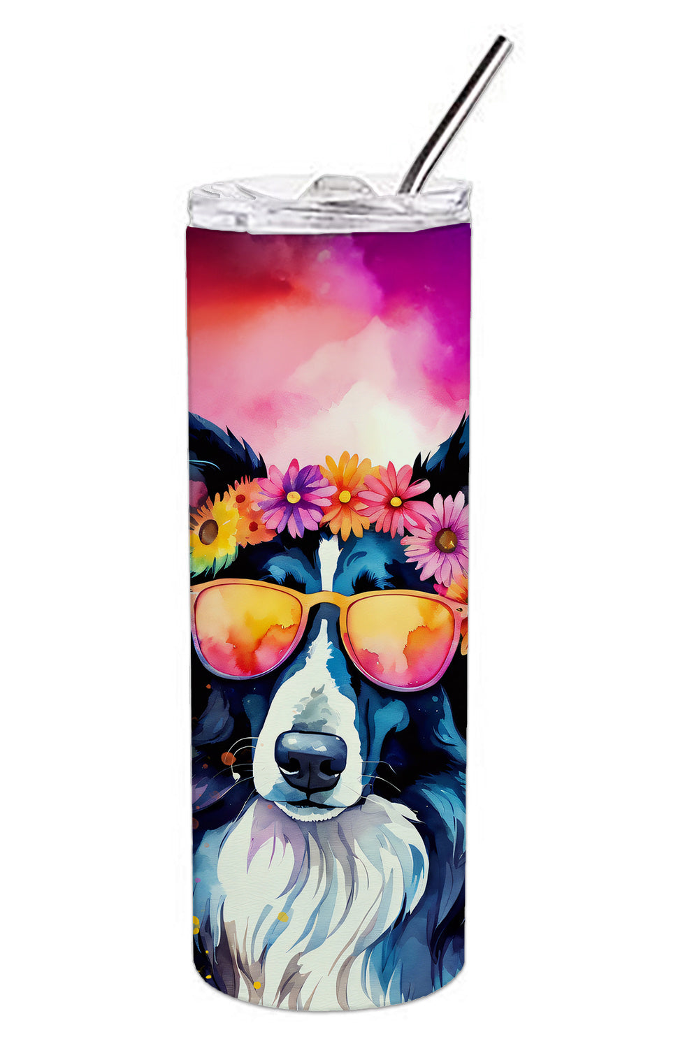 Border Collie Hippie Dawg Stainless Steel Skinny Tumbler Vacuum Double Walled Reusable Insulated Tumbler Travel Cup for Coffee Cocktails Gift with Lid, 20 oz - Renee Lane Company