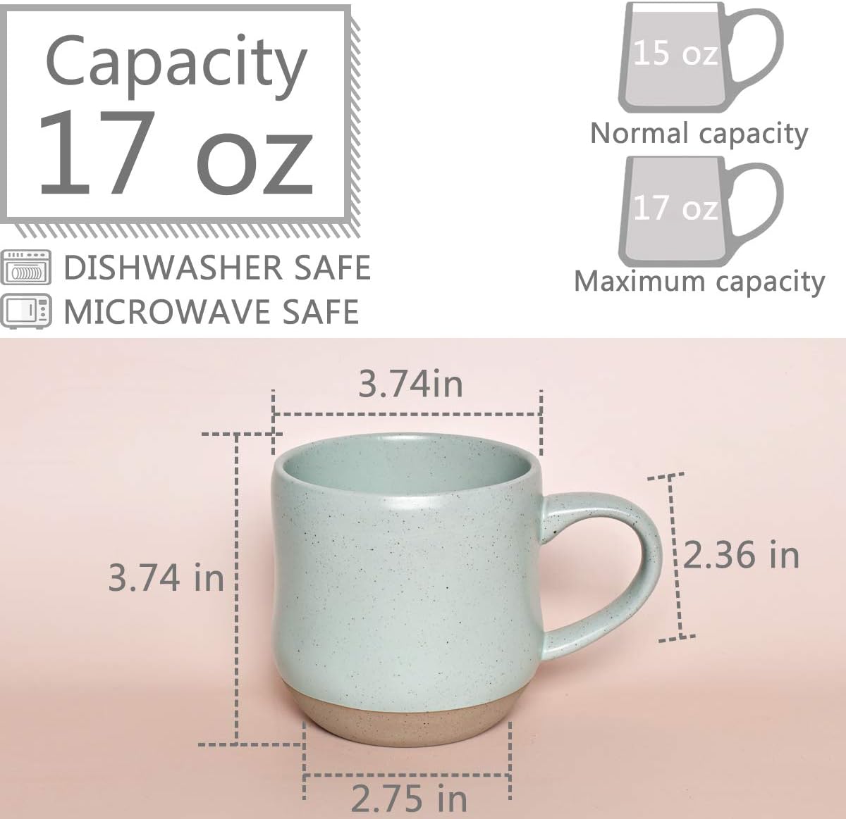 Bosmarlin Large Stoneware Speckled Coffee Mugs Set of 2, Big Tea Cup, 17 Oz, Dishwasher and Microwave Safe - Renee Lane Company