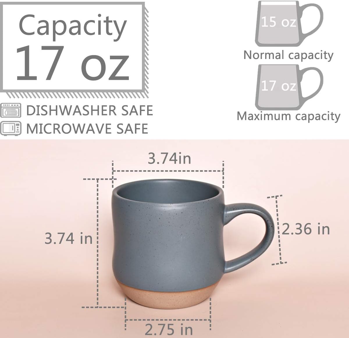 Bosmarlin Large Stoneware Speckled Coffee Mugs Set of 2, Big Tea Cup, 17 Oz, Dishwasher and Microwave Safe - Renee Lane Company