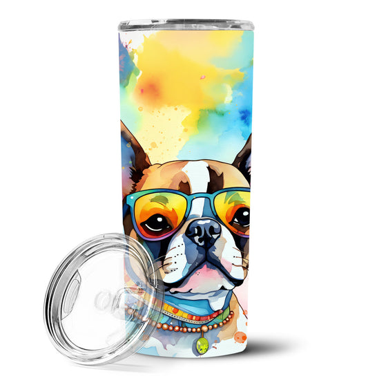 Boston Terrier Hippie Dawg Stainless Steel Skinny Tumbler Vacuum Double Walled Reusable Insulated Tumbler Travel Cup for Coffee Cocktails Gift with Lid, 20 oz - Renee Lane Company