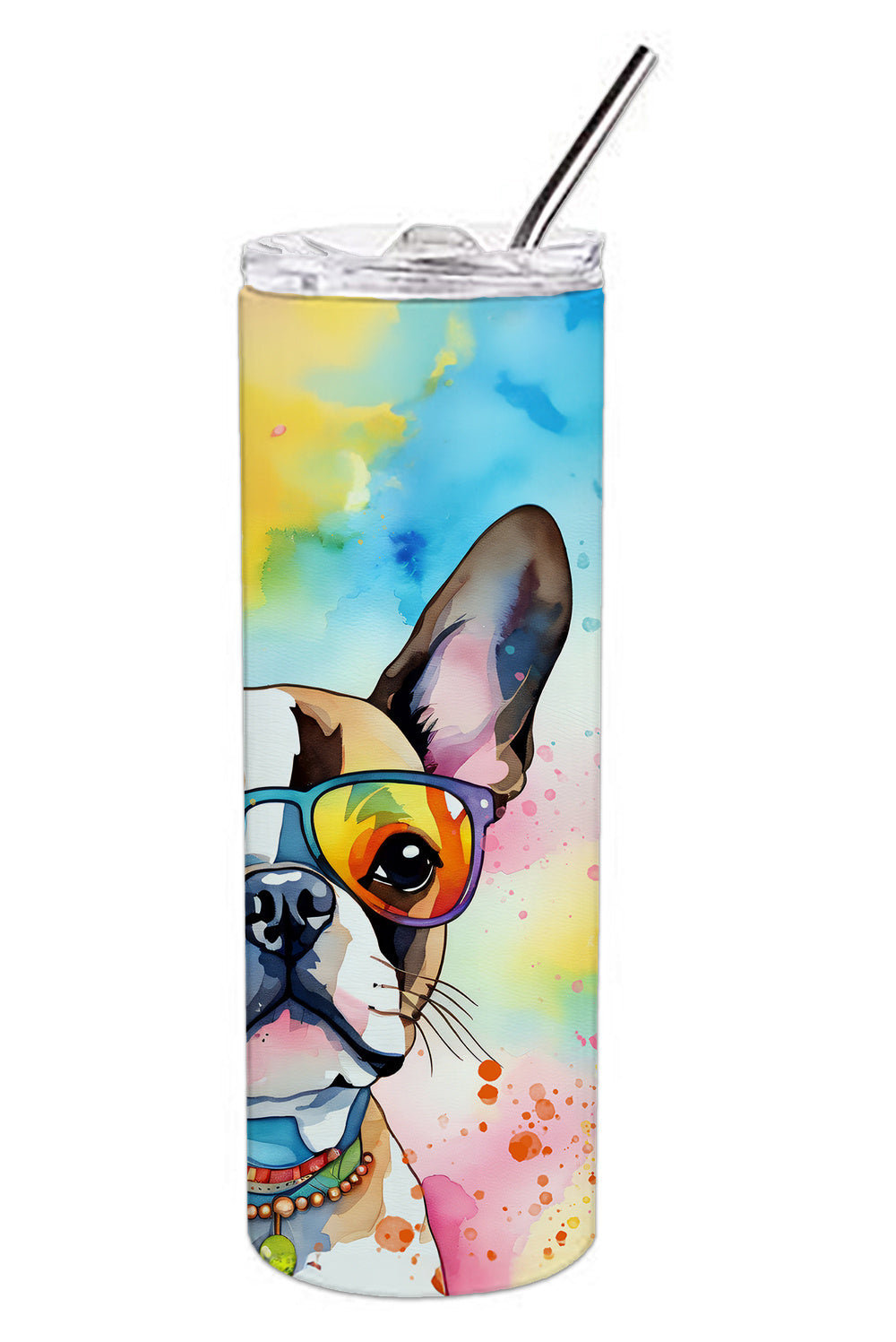Boston Terrier Hippie Dawg Stainless Steel Skinny Tumbler Vacuum Double Walled Reusable Insulated Tumbler Travel Cup for Coffee Cocktails Gift with Lid, 20 oz - Renee Lane Company